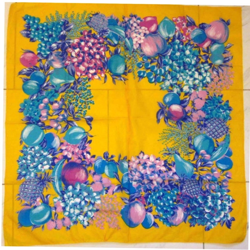 VTG GLENTEX SQUARE SCARF Yellow Blue Floral Fruit SILKY ITALIAN Neck/Hair Tie